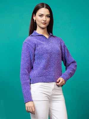 CHEMISTRY Self Design Collared Neck Casual Women Purple Sweater