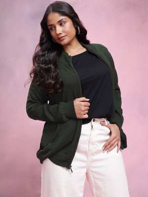 Dressberry Self Design Mandarin Neck Casual Women Green Sweater