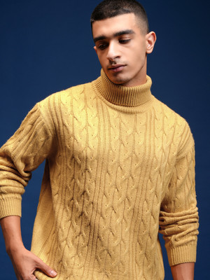 HIGHLANDER Woven High Neck Casual Men Yellow Sweater
