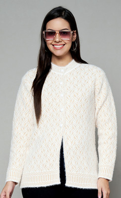 eWools Chevron/Zig Zag Round Neck Casual Women White Sweater