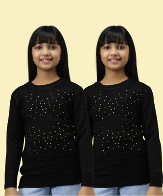 ANIXA Embellished Round Neck Casual Girls Multicolor Sweater