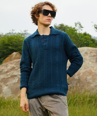 CAMPUS SUTRA Solid Collared Neck Casual Men Blue Sweater