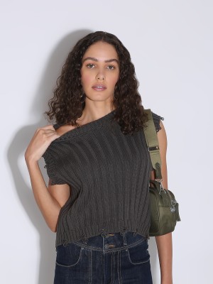 VERO MODA Self Design Round Neck Casual Women Grey Sweater