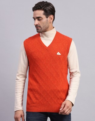 MONTE CARLO Self Design V Neck Casual Men Orange Sweater