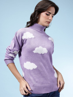 Glitchez Self Design Turtle Neck Casual Women Purple Sweater
