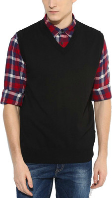 Super Weston Trend Self Design V Neck Casual Men Black Sweater