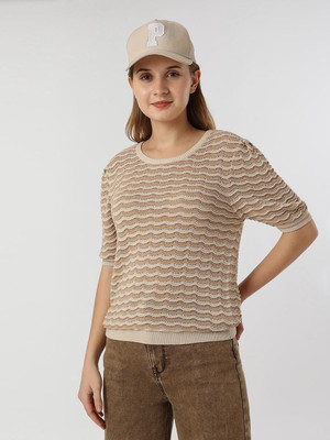 Pepe Jeans Striped Round Neck Casual Women Beige Sweater