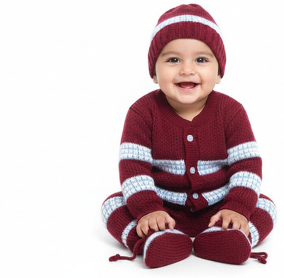 bloomkids Solid Round Neck Casual Baby Boys & Baby Girls Maroon, White Sweater