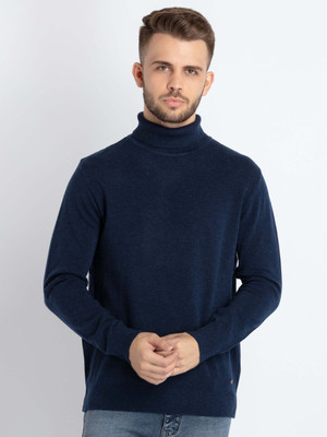 Status Quo Solid Turtle Neck Casual Men Blue Sweater