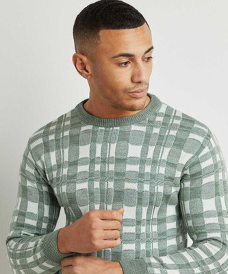 CAMPUS SUTRA Checkered Round Neck Casual Men Green Sweater