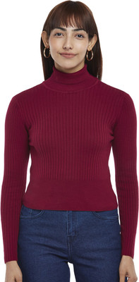 PEOPLE Solid Turtle Neck Casual Women Maroon Sweater