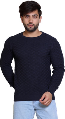 Reveller Self Design Round Neck Casual Men Blue Sweater