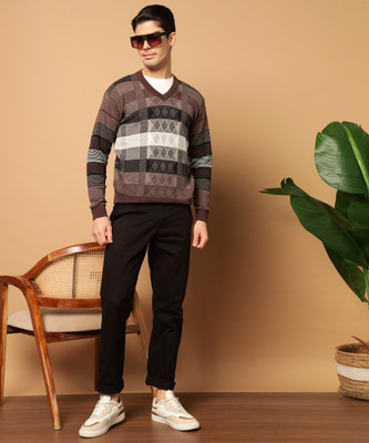 HERMISTON Striped V Neck Casual Men Multicolor Sweater