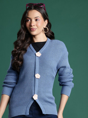 Dressberry Colorblock V Neck Casual Women Blue Sweater