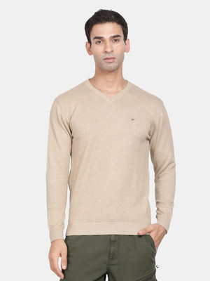 t-base Solid V Neck Casual Men Beige Sweater