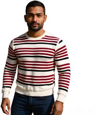 VASTROTAM Striped Round Neck Casual Men Black, White, Red Sweater