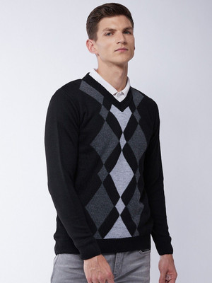 Pivl Self Design V Neck Casual Men Blue Sweater