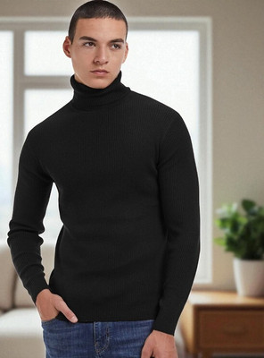 AEMA Self Design High Neck Casual Men Black Sweater