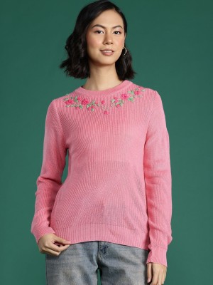 Dressberry Embroidered Round Neck Casual Women Pink Sweater