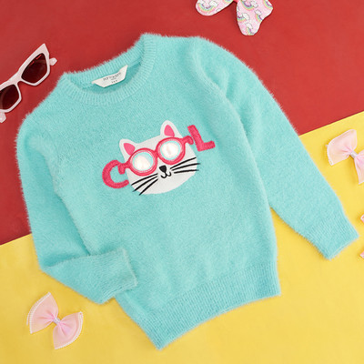 Pantaloons Junior Printed Round Neck Casual Girls Blue Sweater