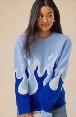 Eddicted Graphic Print Round Neck Casual Women Blue Sweater