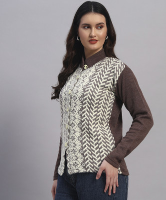 QUIN FLETCHER Embroidered Mandarin Neck Casual Women Brown, White Sweater