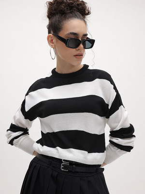 Roadster Striped Round Neck Casual Women Black Sweater