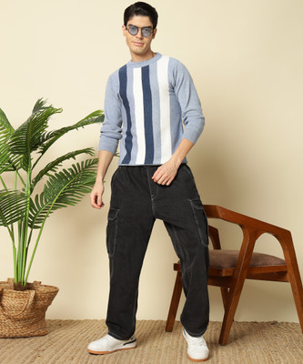 HELL BOUND Striped Round Neck Casual Men Light Blue Sweater