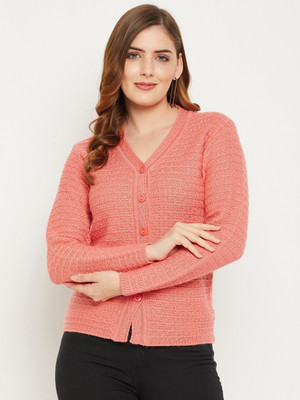Zigo Self Design V Neck Casual Women Pink Sweater