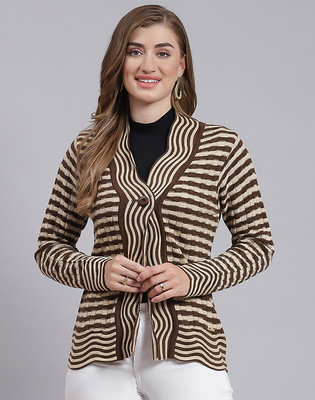 MONTE CARLO Striped V Neck Casual Women Brown Sweater