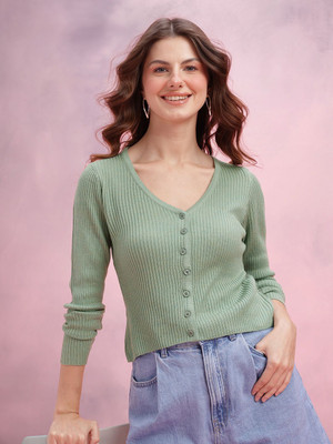 Dressberry Solid V Neck Casual Women Green Sweater