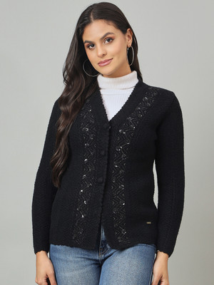 DUKE Embroidered V Neck Casual Women Black Sweater
