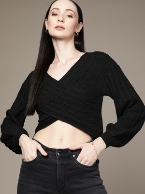 bebe Self Design V Neck Casual Women Black Sweater