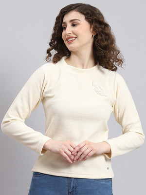 MONTE CARLO Embroidered Round Neck Casual Women Beige Sweater