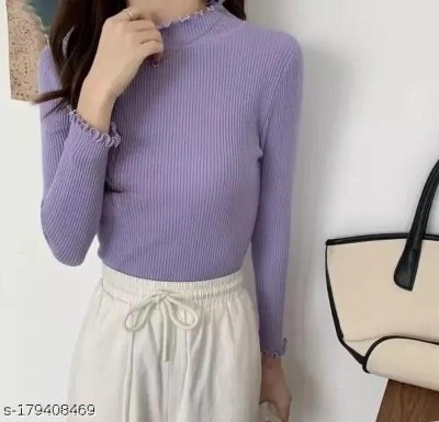 Clothy Solid High Neck Casual Women Purple Sweater