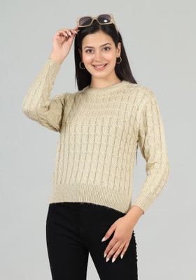 WOOLBERRY Self Design Round Neck Casual Women Beige Sweater