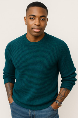 hifzaa Self Design Round Neck Casual Men Blue Sweater