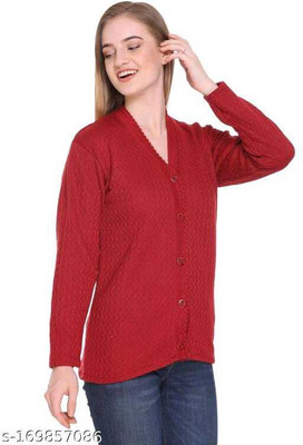 Ravi Gold Print Solid V Neck Casual Women Red Sweater