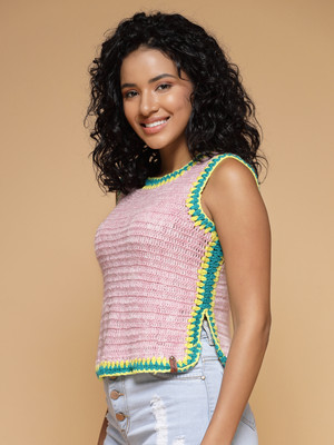 Velvery Self Design Round Neck Casual Women Pink Sweater