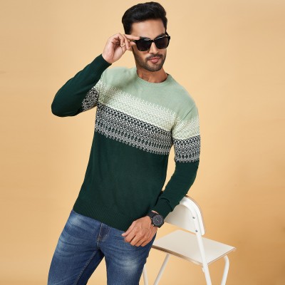 YU by Pantaloons Colorblock Round Neck Casual Men Green, White Sweater