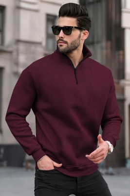 TRIPR Solid High Neck Casual Men Maroon Sweater