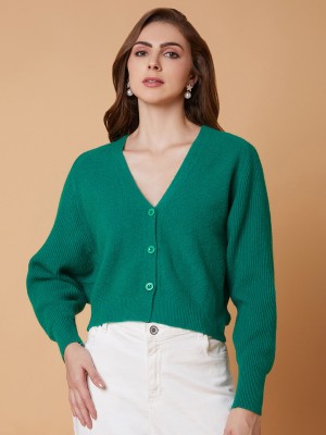 Showoff Solid V Neck Casual Women Green Sweater