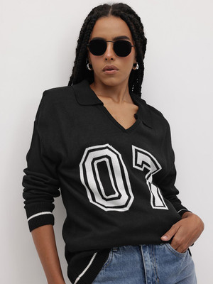 Roadster Self Design Peter Pan Collar Casual Women Black Sweater
