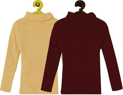 100LUCK Self Design High Neck Casual Boys & Girls Maroon, Beige Sweater
