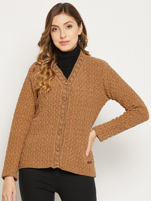 DUKE Self Design V Neck Casual Women Brown Sweater