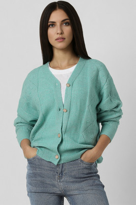 VAN HEUSEN Self Design V Neck Casual Women Green Sweater