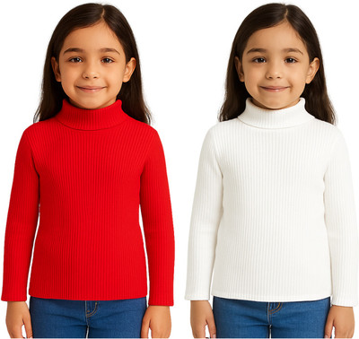 Chiclift Solid High Neck Casual Baby Girls Red, White Sweater
