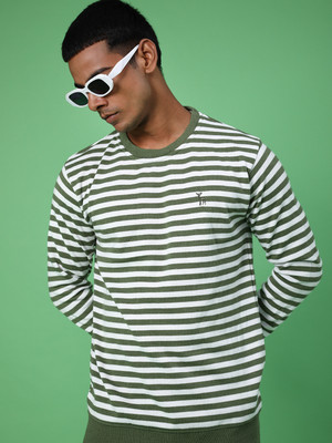 V-MART Striped Round Neck Casual Men Light Green Sweater