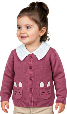 Yellow Apple Self Design Peter Pan Collar Casual Baby Girls Pink Sweater