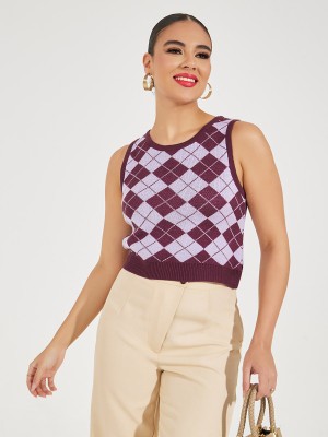 Styli Checkered Round Neck Casual Women Purple Sweater